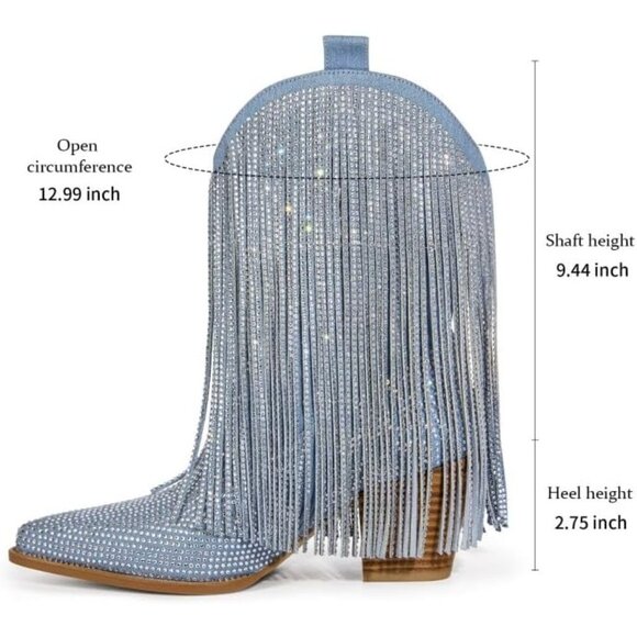 ⚡Women's Denim Ankle Boots Western Rhinestone Sparkly Fringe Chunky Heel - Picture 6 of 7